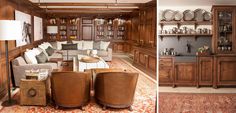 a living room filled with lots of furniture and wooden shelves next to a dining room table