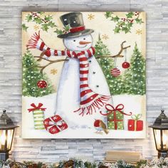 a snowman wearing a top hat and scarf with presents on the fireplace mantel