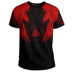 Viking T-Shirt Muninn Tattoo Red Crew Neck Sublimation Design With All Over Print, Red Crew Neck T-shirt With All Over Print, Red Crew Neck T-shirt With Sublimation Print, Black Crew Neck T-shirt With Digital Print, Red Crew Neck Sublimation Design With Graphic Print, Graphic Tee T-shirt With Digital Print Crew Neck, Graphic Tee With Digital Print And Crew Neck, Staple Wardrobe Pieces, 3d T Shirts