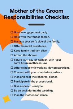 a checklist with the words mother of the groom on it and an orange umbrella