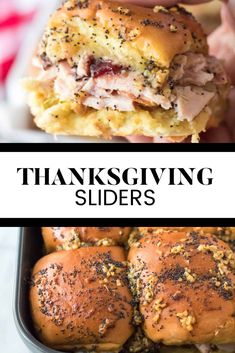 thanksgiving sliders with turkey, cheese and cranberry sauce in a baking pan