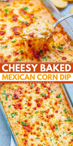 a cheesy baked mexican corn dip in a casserole dish with tortilla chips