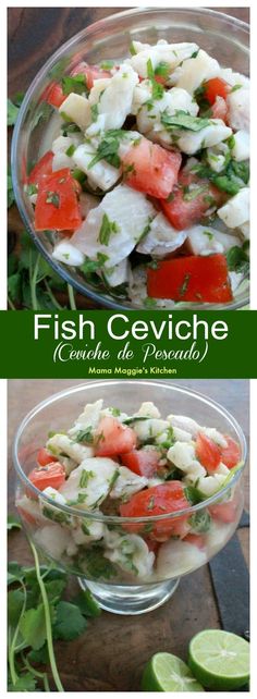 fish cevichche with tomatoes, cucumber and cilantro in a glass bowl