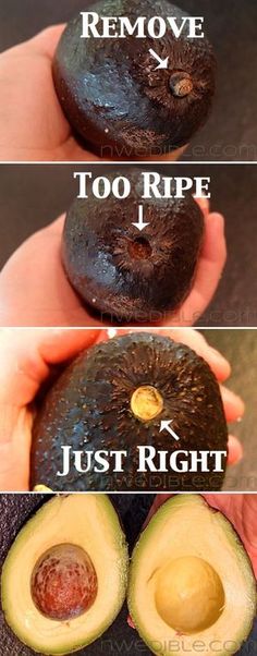 an avocado is shown in three different stages