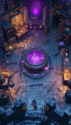 an aerial view of the inside of a building with lots of purple lights on it