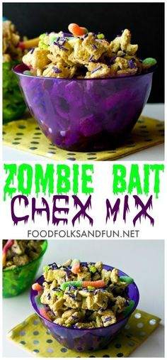 a purple bowl filled with food next to another bowl full of food and the words zombie bat chex mix