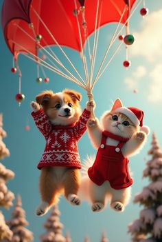 two dogs are flying in the air with christmas decorations on their clothes and holding onto balloons