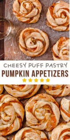 cheesy puff pastry pumpkin appetizers with text overlay