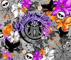 the starbucks logo is surrounded by flowers and skull heads in purple, orange, and white colors