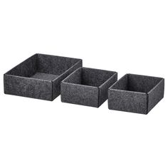 three grey felt storage bins sitting next to each other