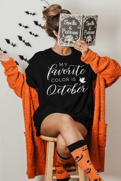 My Favorite Color is October Shirt, Fall Shirt, October Tee Shirt, Fall Shirts, Autumn Shirts, Halloween Shirt, Womens Fall Shirt 🟢 HOW TO ORDER 🟢 1. Check and Review ALL Photos 📷 2. Select Your T-Shirt Style, Size and T-Shirt Color from drop down menus ✨ 3.Select Your Design Print Color from images and mention in personalization section (Optional)🎨 4. Add to cart & place order 🛒 We're constantly striving to provide excellent service. We'd love to get your feedback :) 🚚📦 SHIPPING & PRODUC Pre-shrunk Black Shirt For Fall, My Favorite Color Is October, Autumn Shirts, October Shirts, Fall Shirts Women, October Birthday, My Favorite Color, Fall Shirt, Fall Shirts