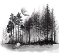 a black and white drawing of trees with the moon in the background