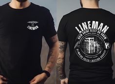 a man wearing a black t - shirt with the words lineman on it and an image of a cross