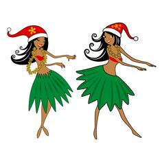 two women dressed in green hula skirts and red hats, one with long black hair