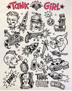 a white t - shirt with black ink on it that says tank girl and various tattoos