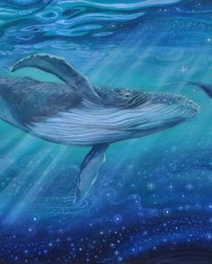 a painting of a humpback whale swimming in the ocean with stars and bubbles