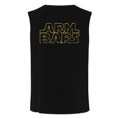 a black tank top with the word arm bars on it and yellow letters across the chest