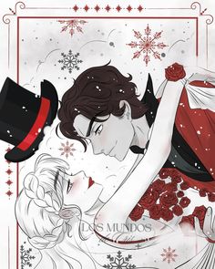 a drawing of a couple kissing in front of snowflakes and red roses, with the caption it's mundos