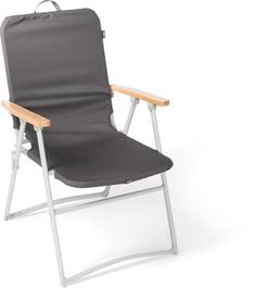 a gray folding chair with wooden arms