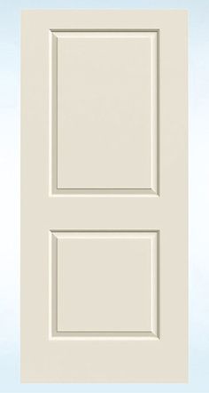 a white door with two square panels on the front and side panel, against a blue background