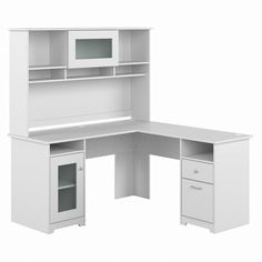 a white desk with two drawers and a microwave