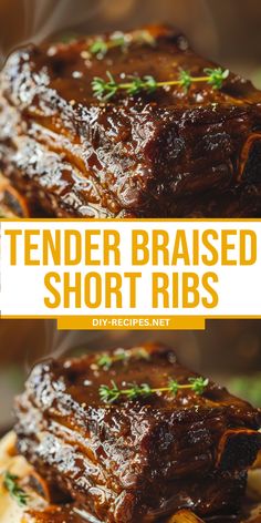 tender braised short ribs on top of potatoes and carrots with text overlay