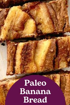 slices of palen banana bread stacked on top of each other with text overlay