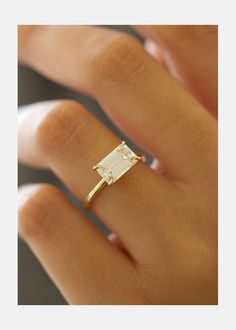 Modern Emerald Ring, Horizontal Diamond Ring, Horizontal Wedding Ring, Emerald Cut Solitaire Ring