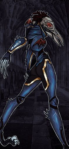 an image of a woman in blue and gold armor with her arms spread out to the side