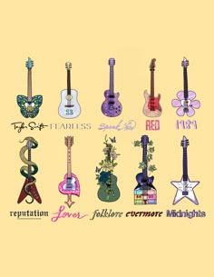 a group of guitars with the names of them