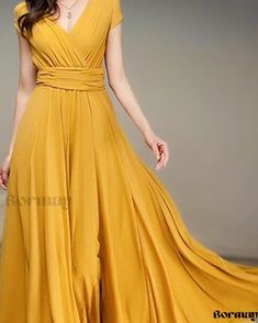 Bormay - Chic Bohemian Chiffon Dress featuring Short Sleeves and Figure-Enhancing Waist Design Chic Bohemian, Plunge Dress, Short Sleeve Maxi Dresses, Skirt Skirt, Bohemian Chic, Types Of Skirts, Single Piece, Types Of Collars, Skirt Length