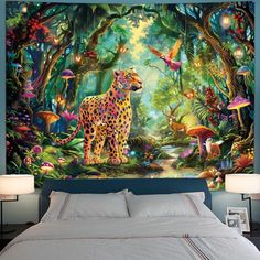 a bedroom scene with a leopard on the bed and birds in the forest wall mural