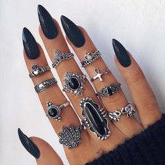 Nails And Rings, Black Ring Set, Crescent Ring, Rose Gold Ring Set, Midi Ring Set, Black Opal Stone, Wedding Bride Jewelry, Ring Sets Boho, Punk Accessories