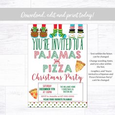 a pizza party with christmas stockings and socks on it