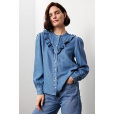 Blue denim (100% Lyocell). Top. Long sleeves. Crewneck. Front button closure. 23" from shoulder to hemline. Imported. Western Chic, Rent The Runway, Closet Designs, Denim Top, Denim Shirt, Blue Denim, Blouses, Long Sleeves, Crew Neck