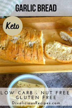 a loaf of low carb nut free gluten - free garlic bread on a cutting board