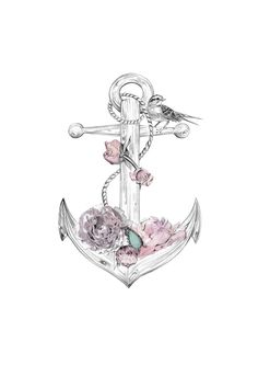 an anchor with flowers on it and a bird sitting on the hook in the middle