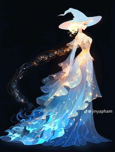 a woman in a white dress and hat with blue lights on her head, is dressed up as a witch