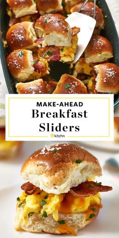 breakfast sliders with bacon, eggs and cheese in them on a plate next to a pan