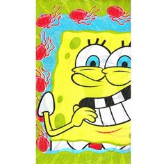 a spongebob painting on the side of a green bag with cherries around it