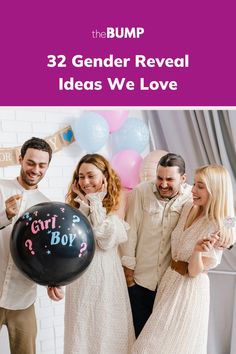 three people standing in front of balloons with the words, 32 gender reveal ideas we love