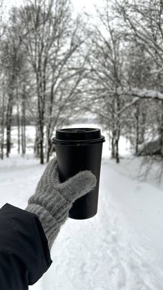 a hand holding a cup of coffee in the middle of a snow covered park area