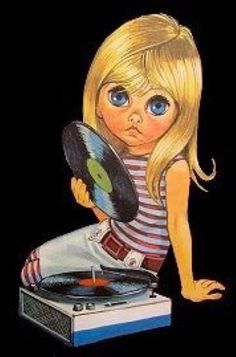 a painting of a blonde girl playing with a record player and holding a record in her hand