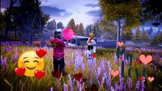 two people standing in a field with balloons and hearts on the grass that say happy valentine's day