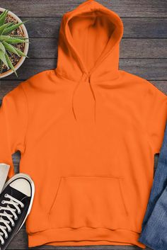 Orange Kangaroo Pocket Long Sleeve Pullover Hoodie Casual Solid Color Hoodie, Casual Solid Sweater With Kangaroo Pocket, Orange Fleece Hoodie For Fall, Orange Casual Crew Neck Hoodie, Casual Orange Crew Neck Hoodie, Solid Color Hoodie With Kangaroo Pocket, Solid Hoodie With Kangaroo Pocket, Solid Color Hoodie Sweatshirt With Kangaroo Pocket, Casual Orange Hooded Sweatshirt