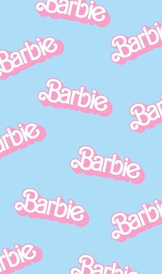 the word barbie is written in pink on a blue background