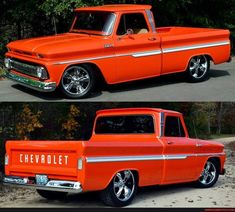 two pictures of an orange truck with chrome rims