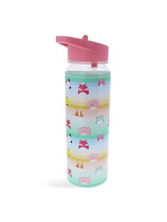 a water bottle with a pink lid and some animals on it