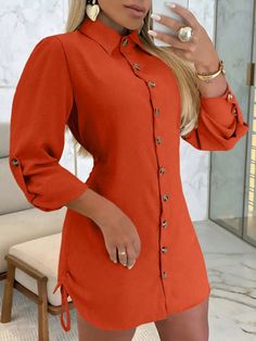 Women's Solid Color Simple Button-Down Long Sleeve Shirt, Blouse Orange Casual  Long Sleeve Knitted Fabric Plain Shirt High Stretch  Women Clothing, size features are:Bust: ,Length: ,Sleeve Length: Dress Shirt Sleeves, Plain Shirts, Roll Up Sleeves, Versatile Dresses, Long Sleeve Knit, Shapewear, Women Clothes Sale, All Fashion, Women Clothing