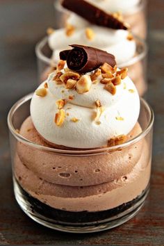 there are three desserts in small glass dishes with toppings on top and the words, no bake nutella whiskabaara